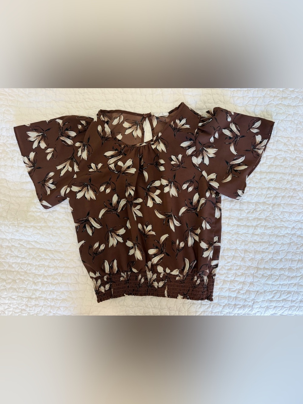 Brown Floral Short Sleeve Peasant Top